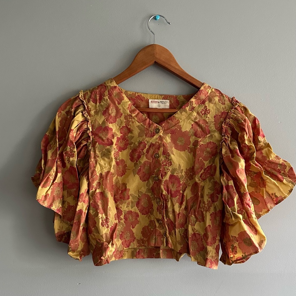 Bombay Mustard and Rust Floral Puff-Sleeve Blouse